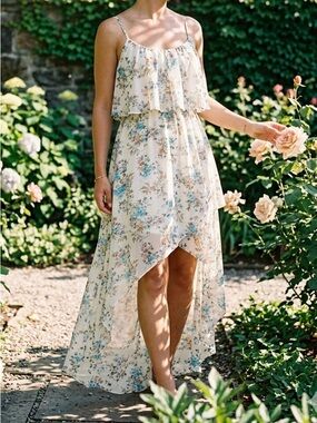 Disney Cinderella Floral High-Low Maxi Dress Ruffle Chiffon White Blue Sz M EUC